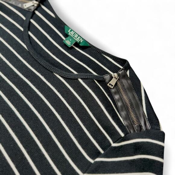 Lauren Ralph Lauren Ribbed Striped Top Women L Baddie Leather Zip Trim Black Y2K - Picture 4 of 9